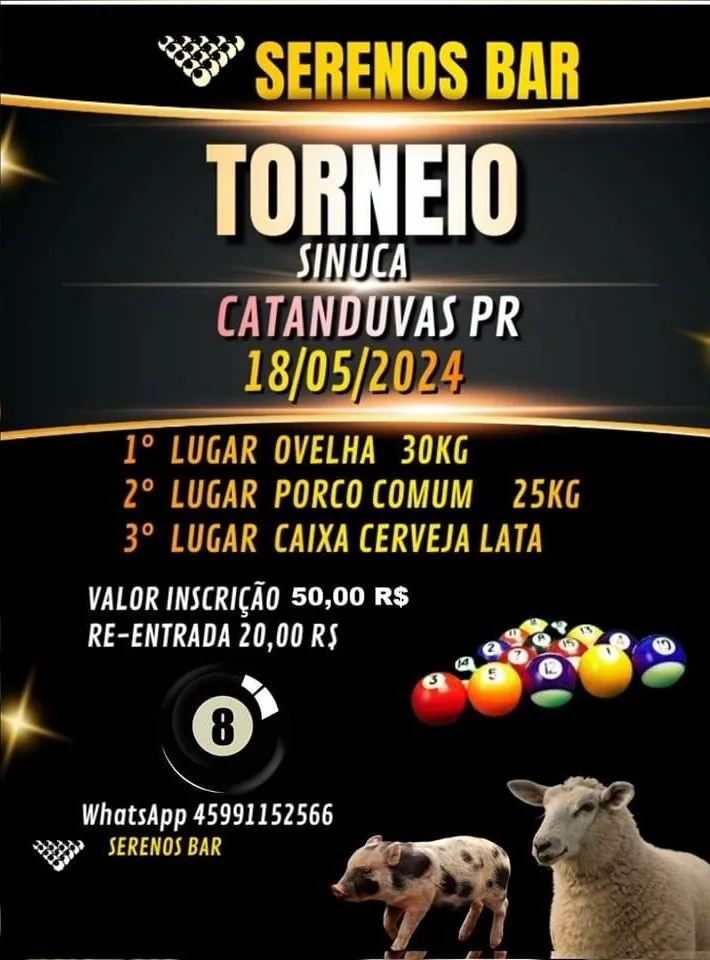 Serenos Bar promove torneio de sinuca neste sábado, dia 18 de maio de 2024