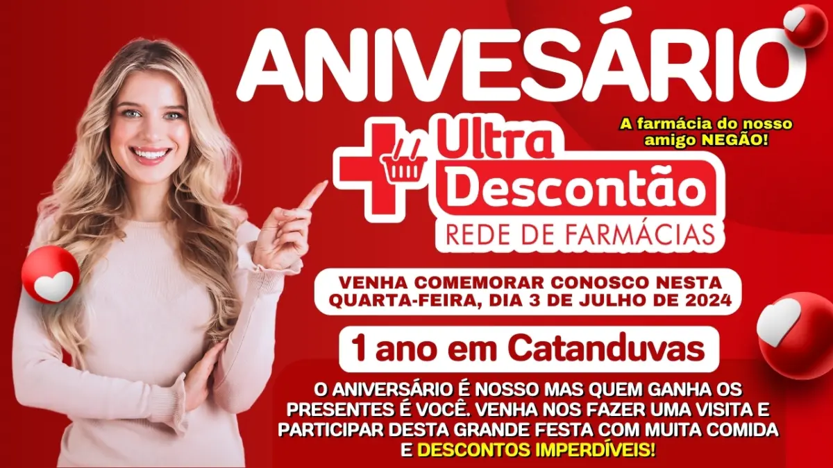 Farmácia Ultra Descontão comemora 1 Ano em Catanduvas com grande festa e descontos imperdíveis! Farmácia Ultra Descontão comemora 1 Ano em Catanduvas com grande festa e descontos imperdíveis!