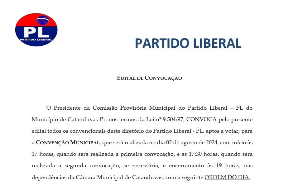 Eleições 2024: Convenção Municipal do PL será realizada no dia 2 de agosto Eleições 2024: Convenção Municipal do PL será realizada no dia 2 de agosto