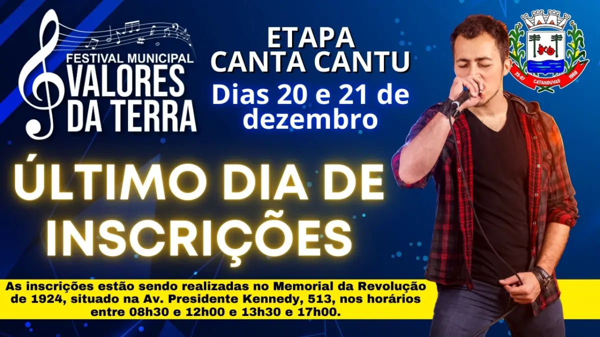 Último dia de inscrições para o Festival Municipal Valores da Terra - Etapa Canta Cantu