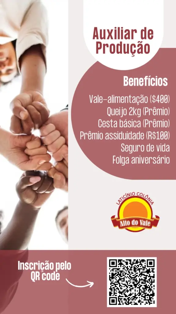 Laticínio Colônia Alto do Vale contrata Auxiliar de Produção – Venha fazer parte da nossa equipe!