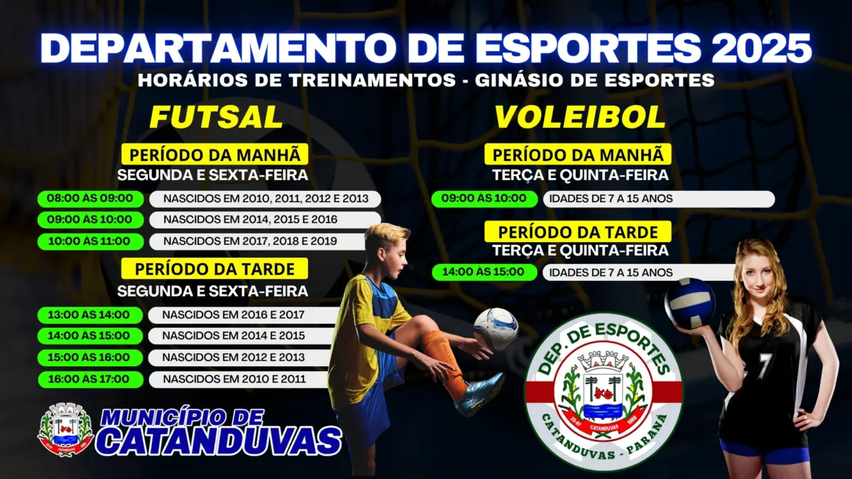 Departamento de Esportes divulga horários de treinamentos para 2025 em Catanduvas