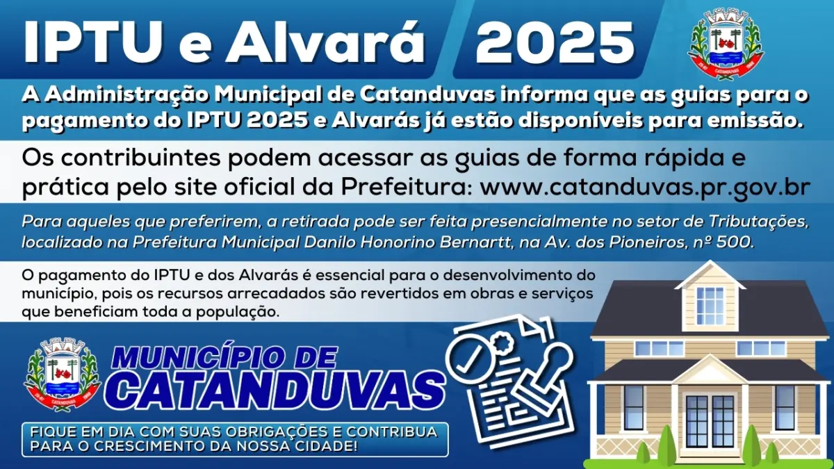 Guias do IPTU e Alvará 2025 já estão disponíveis para retirada em Catanduvas