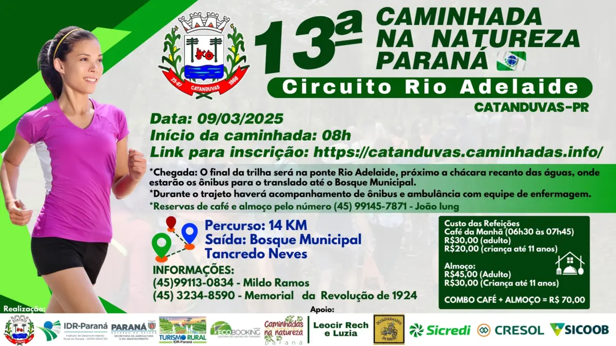 13ª Caminhada na Natureza Paraná: Circuito Rio Adelaide acontece em março em Catanduvas