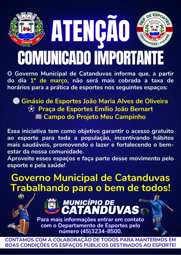 Governo Municipal de Catanduvas anuncia gratuidade para uso de espaços esportivos