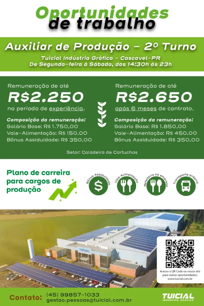ATENÇÃO CATANDUVAS - Tuicial Indústria Gráfica oferece vagas para Auxiliar de Produção no 2º Turno