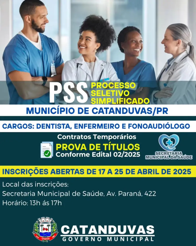 Prefeitura de Catanduvas abre processo seletivo para dentista, enfermeiro e fonoaudiólogo