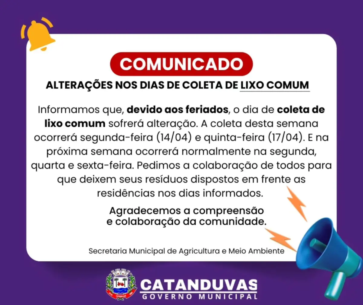 Coleta de lixo comum terá alteração durante esta semana em Catanduvas