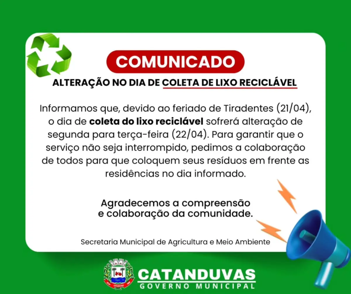 Alteração no dia de coleta de lixo reciclável em Catanduvas Alteração no dia de coleta de lixo reciclável em Catanduvas