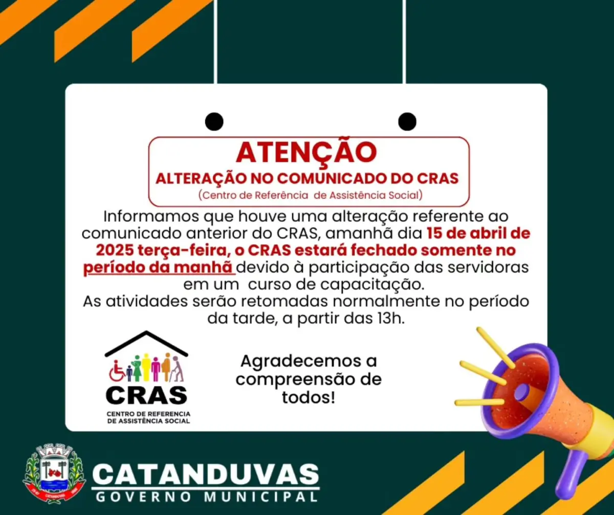 CRAS de Catanduvas terá atendimento suspenso na manhã desta terça-feira (15)