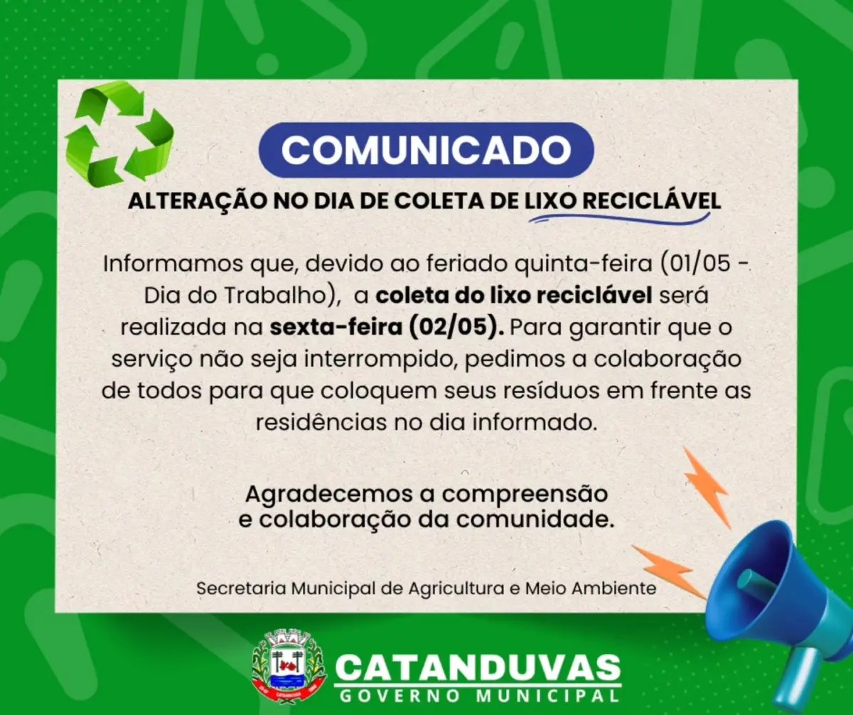 Coleta de lixo reciclável em Catanduvas será realizada excepcionalmente na sexta-feira (02/05)
