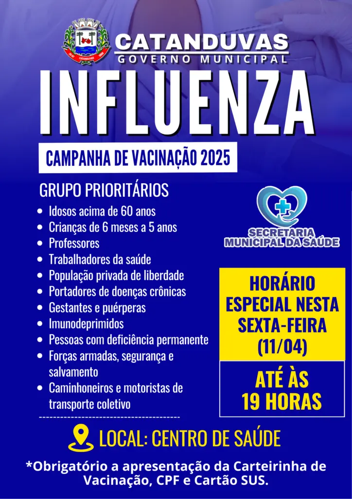 Vacinação contra a Influenza em Catanduvas terá horário especial nesta sexta-feira (11/04)
