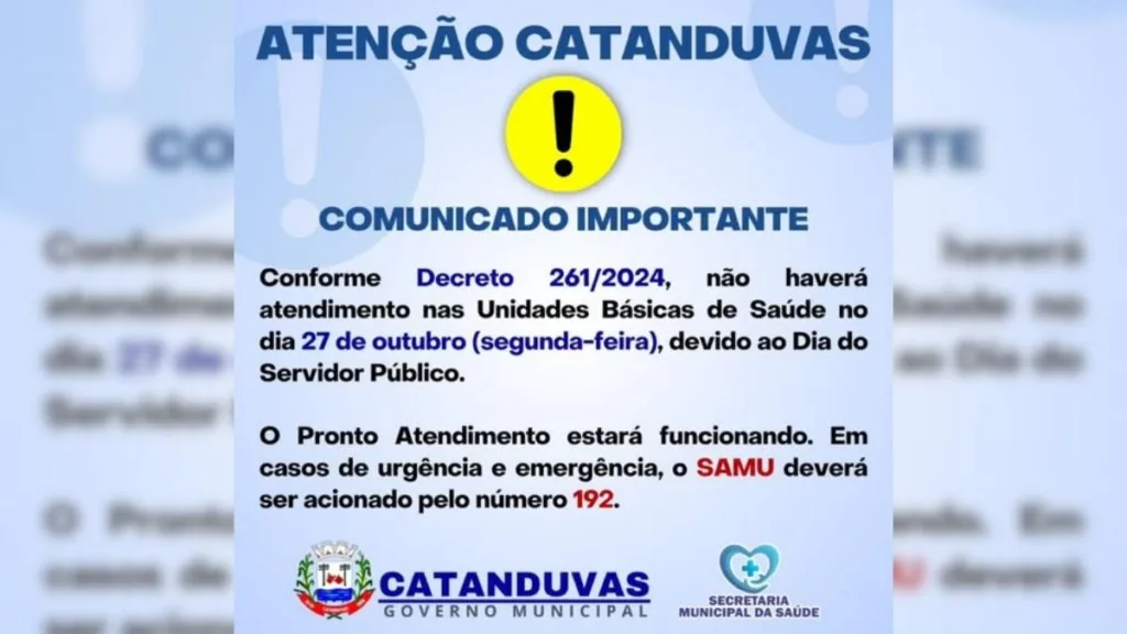 Atenção, Catanduvas! Unidades de Saúde não terão atendimento nesta segunda-feira