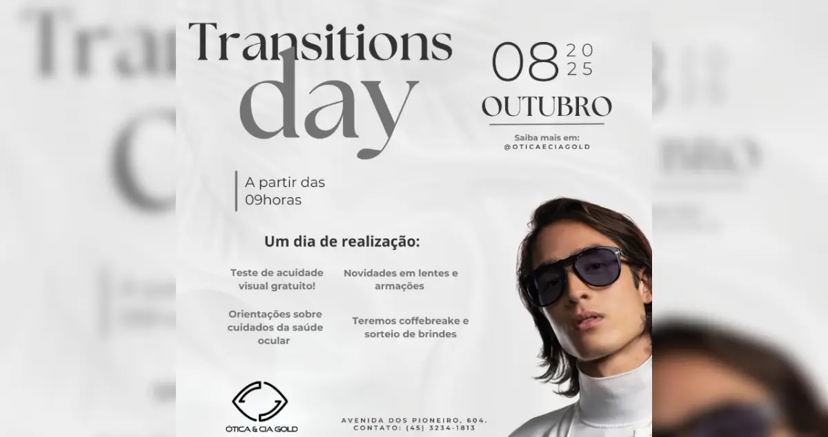 Ótica & Cia Gold realiza Transitions Day no dia 8 de outubro em Catanduvas com testes gratuitos e novidades em lentes