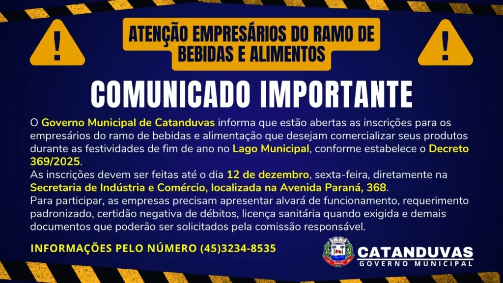 Governo Municipal abre inscrições para empresas de bebidas e alimentação atuarem nas festividades de fim de ano no Lago Municipal