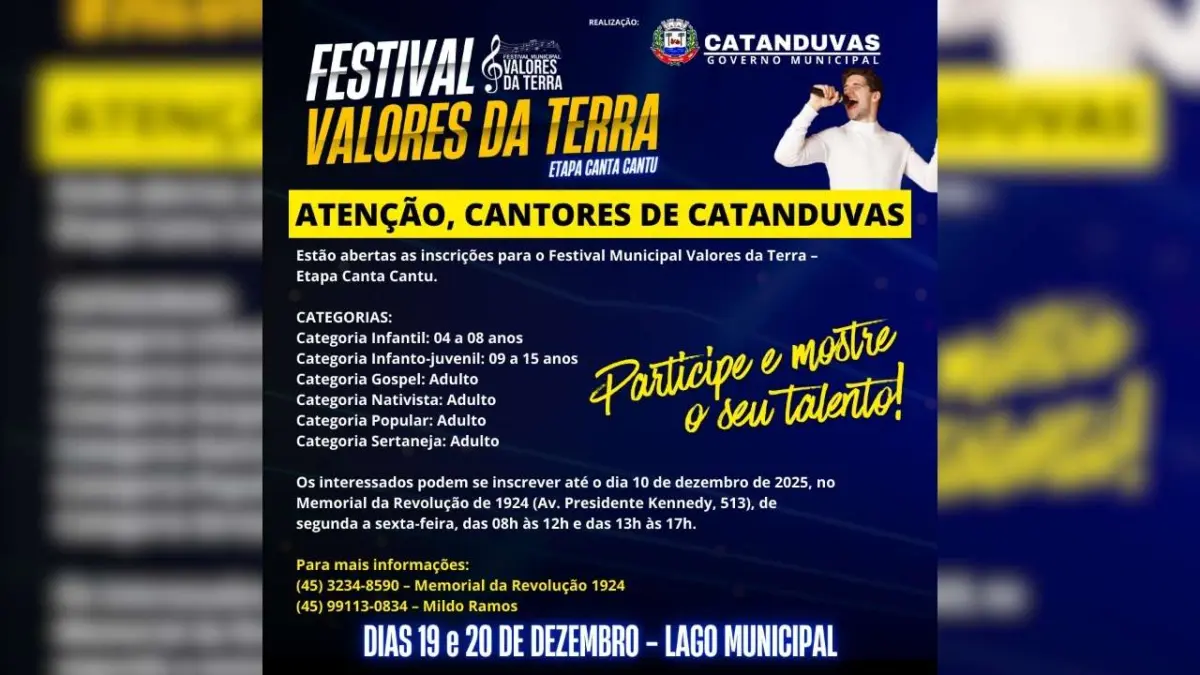 Abertas as inscrições para o Festival Municipal Valores da Terra, etapa Canta Cantu 2025, em Catanduvas