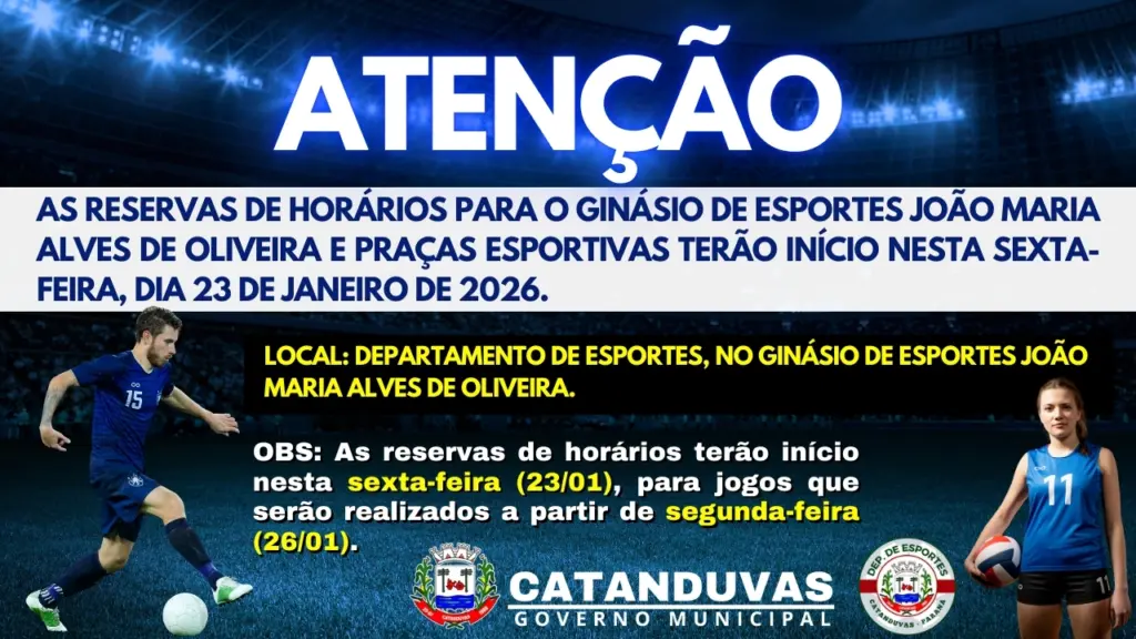 Reservas de horários Ginásio de Esportes e praças esportivas começam nesta sexta-feira em Catanduvas