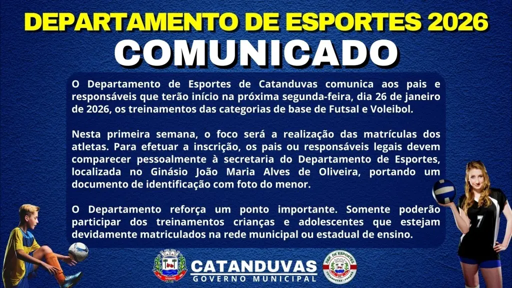 Departamento de Esportes abre matrículas para treinamentos de Futsal e Voleibol em Catanduvas