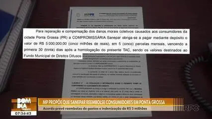 Sanepar pode ter que reembolsar consumidores em Ponta Grossa por água com gosto e cheiro ruins; MP propõe acordo milionário Sanepar pode ter que reembolsar consumidores em Ponta Grossa por água com gosto e cheiro ruins; MP propõe acordo milionário
