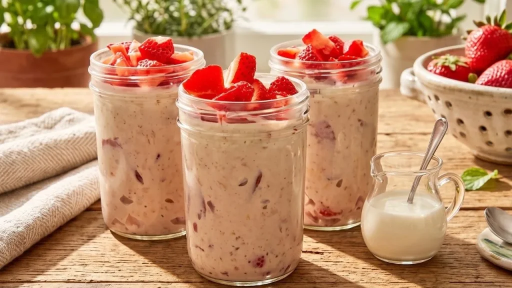 Muita proteína no pote com morango amendoim e aveia