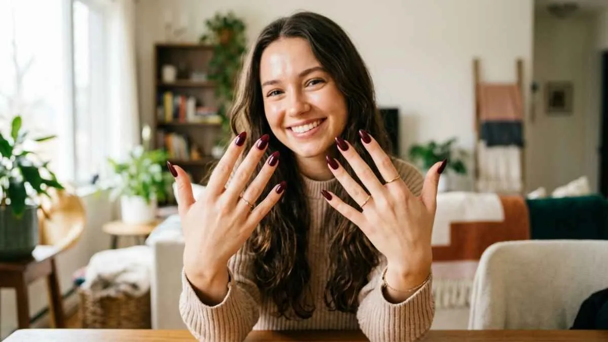 Unhas esmaltadas em tom escuro