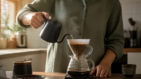 Pessoa preparando café coado com água quente em uma cozinha