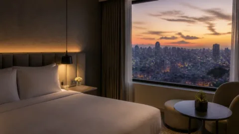 Quarto de hotel com vista da cidade pela janela