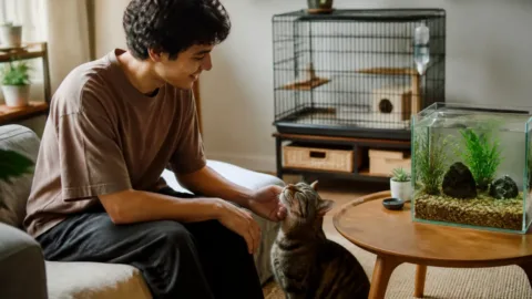 Pessoa que mora sozinha com animais de estimação em ambiente compacto