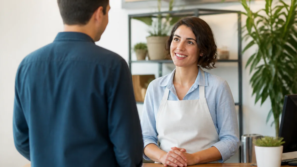 Empresária conversa com cliente em um pequeno comércio
