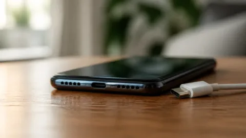 Celular com a entrada USB-C em destaque ao lado do cabo de carregamento