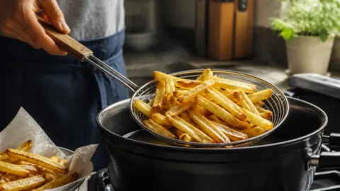Batatas fritas caseiras douradas sendo retiradas do óleo
