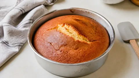 Bolo dourado ainda na forma sobre a bancada da cozinha