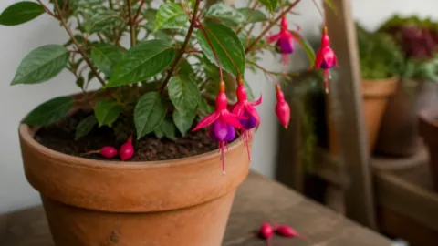 Botões de flores caídos sobre a terra de um vaso