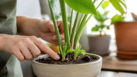 Brotos surgindo na base de uma planta em vaso