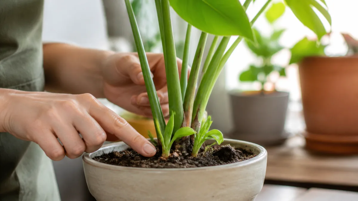Brotos surgindo na base de uma planta em vaso