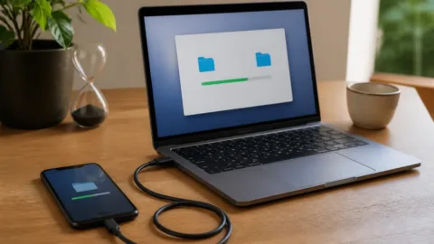 Celular conectado ao notebook por cabo USB-C