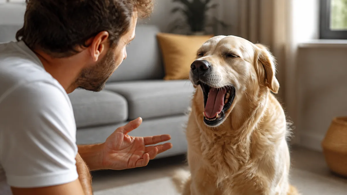 Cachorro bocejando enquanto olha para o tutor