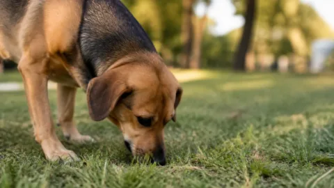 Cachorro cheirando atentamente um ponto na grama