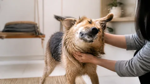 Cachorro se sacudindo depois de receber carinho