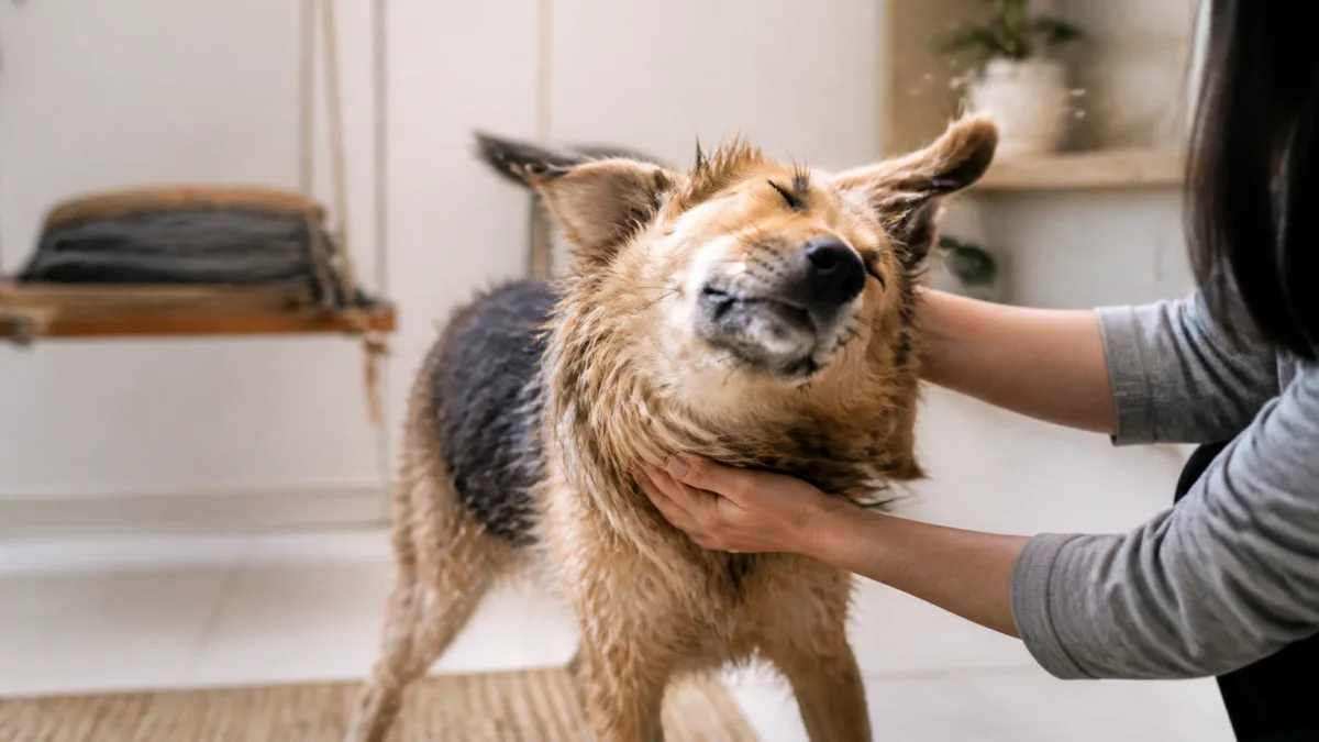 Cachorro se sacudindo depois de receber carinho