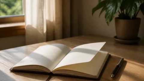 Caderno bonito aberto com páginas em branco sobre uma mesa
