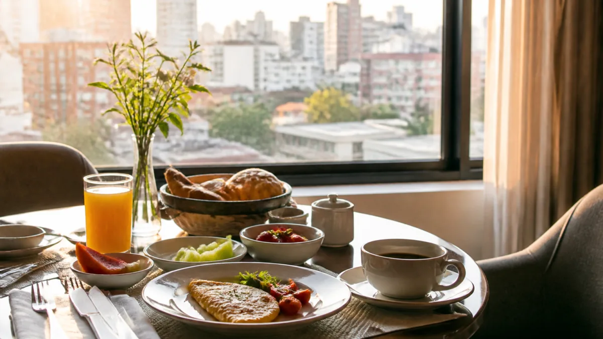 Mesa de café da manhã em hotel com vista para a cidade