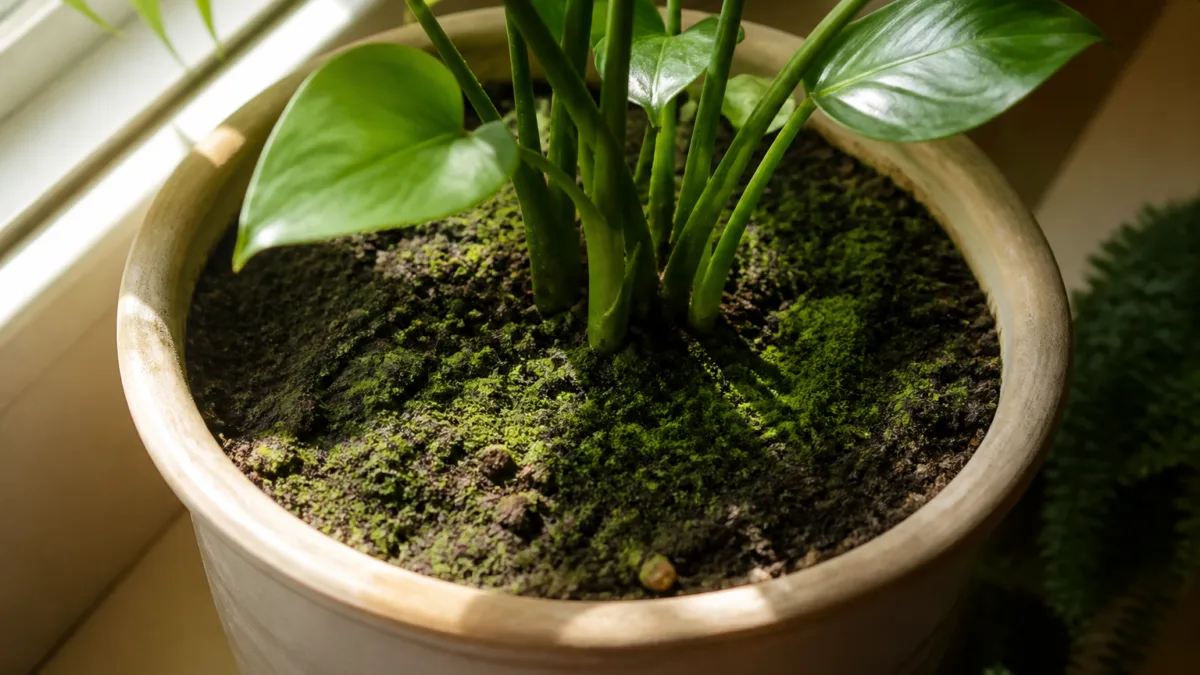 Camada verde sobre a terra de um vaso de planta