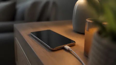 Celular conectado ao cabo de carregamento sobre uma mesa