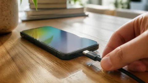 Celular conectado ao carregador sobre uma mesa