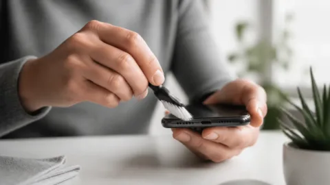 Pessoa limpando cuidadosamente a saída de som de um celular
