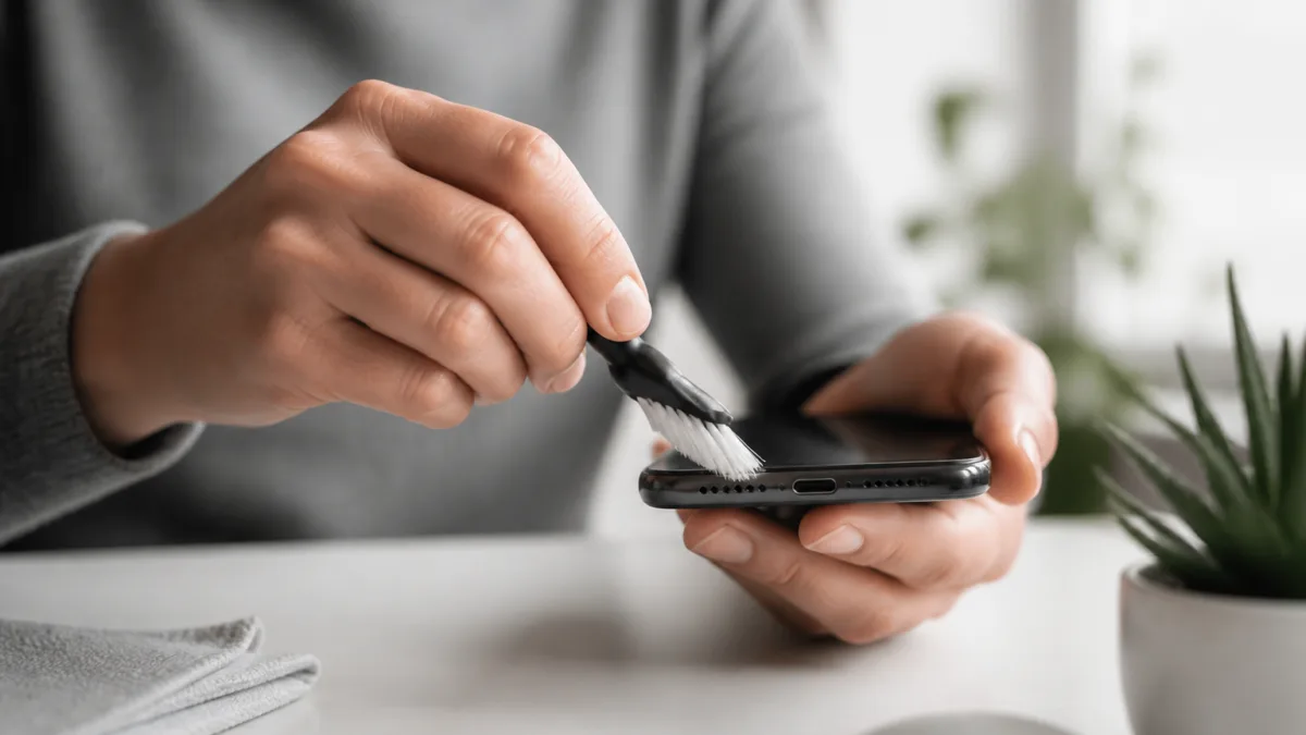 Pessoa limpando cuidadosamente a saída de som de um celular