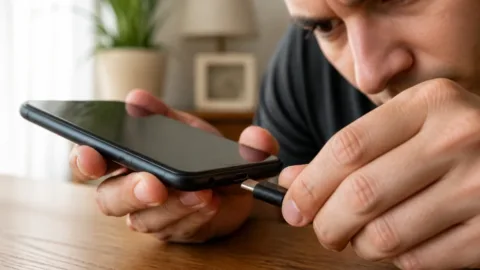 Pessoa verificando o cabo de carregamento de um celular