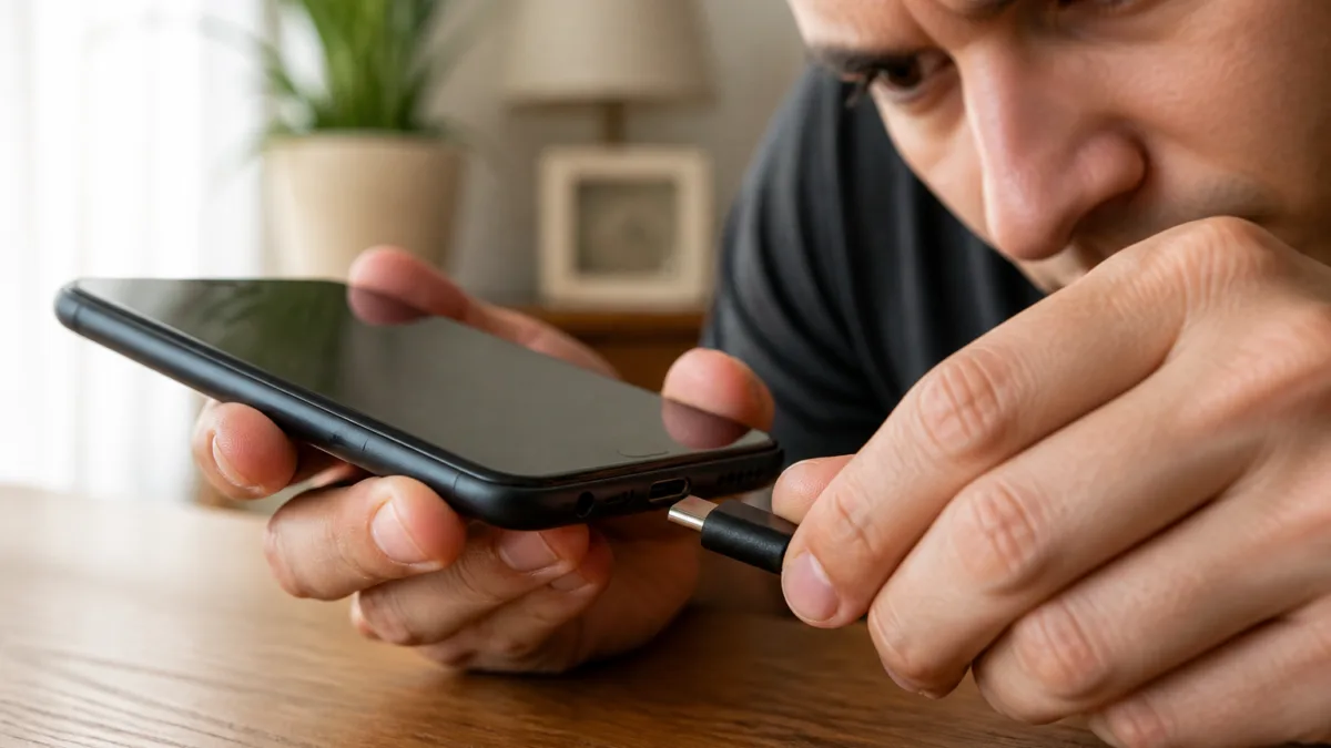 Pessoa verificando o cabo de carregamento de um celular