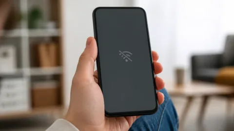 Pessoa verificando celular sem sinal após trocar o chip
